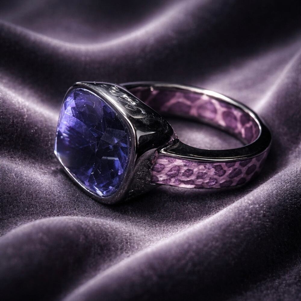 David Sigal Statement Ring Sz 8.25 Surgical Steel Tanzanite Color Crystal Unique